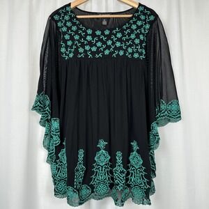 INC Womens Embroidered Floral Tunic Top 2X Layered Resort Vacation Artsy Poncho